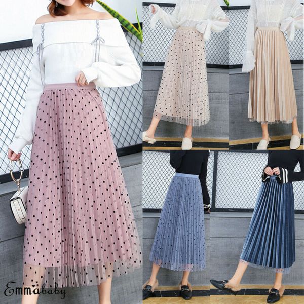 

polka dot pleated maxi skirt 2019 autumn new womens high waist long skirts preppy korean style female mesh velvet two-way skirts, Black
