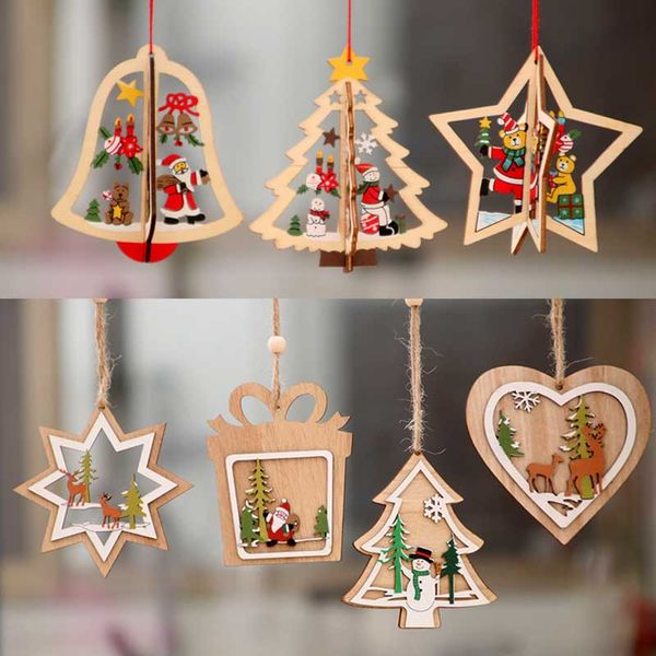 Ornamentos decorações de madeira árvore de Natal coração jingle bell hangs hotel home decor 2024