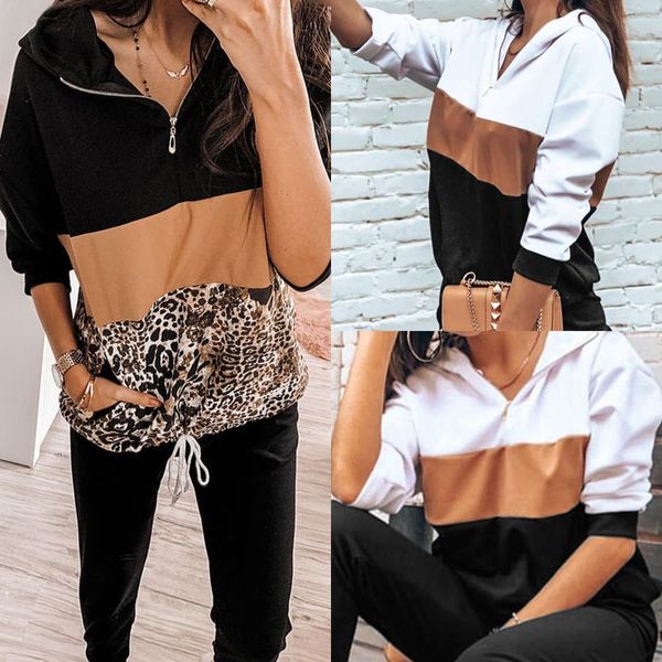 

casual sweatshirt for women zipper leopard patchwork long sleeve women pullovers casual long sleeve sweatshirts hoodies, Black