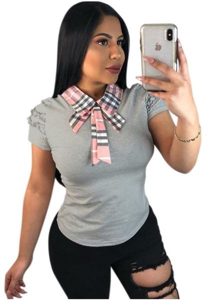 

womens summer t shirts fashion bow plaid lapel neck short sleeve casual ol ruffle shoulder ladies, White