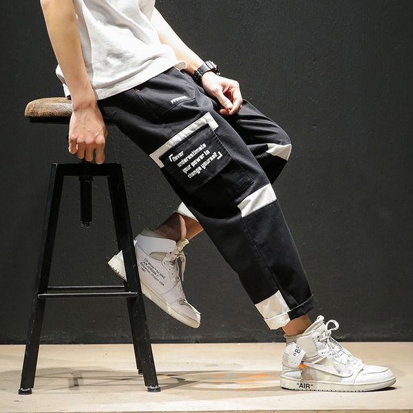 

streetwear color block joggers men pants 2020 cargo pants fashions patchwork hip hop harem baggy pockets trousers, Black