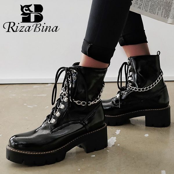 

rizabina women ankle boots fashion platform fur warm winter shoes women lace up plush chain new style motorcycle boot size 34-43, Black