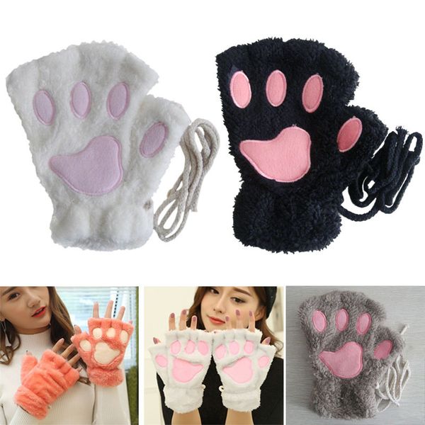

fashion winter women plush gloves cute bear cat claw mittens short fingerless ladies girls half finger glove aic88, Blue;gray