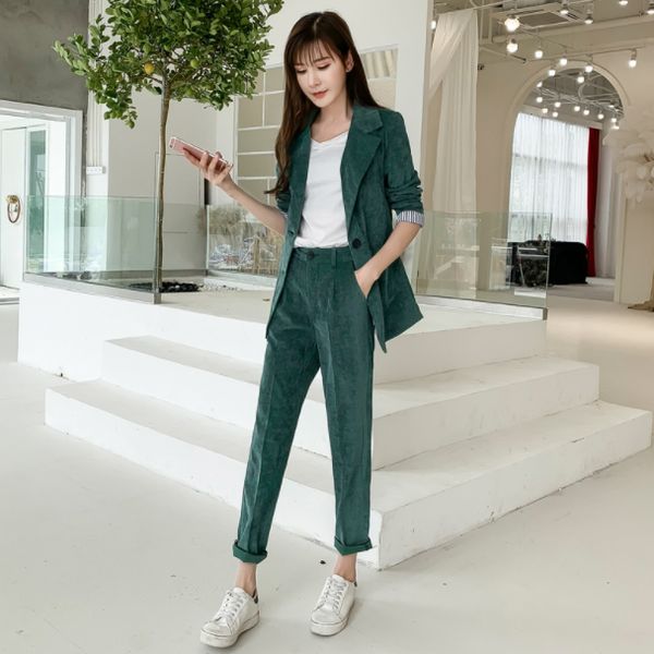 

casual solid corduroy women pant suits single breasted blazer jacket suit coat pencil pants female suit 2 piece sets aq512, White;black