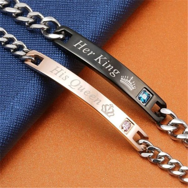 

her king his queen lovers bracelet crystal crown charm bracelets women men gifts for couples fashion link chain, Black