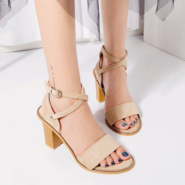 

2019 summer new style western style simple versatile straight line chunky-heel sandals high-heeled shoes women's suede shoes, Black