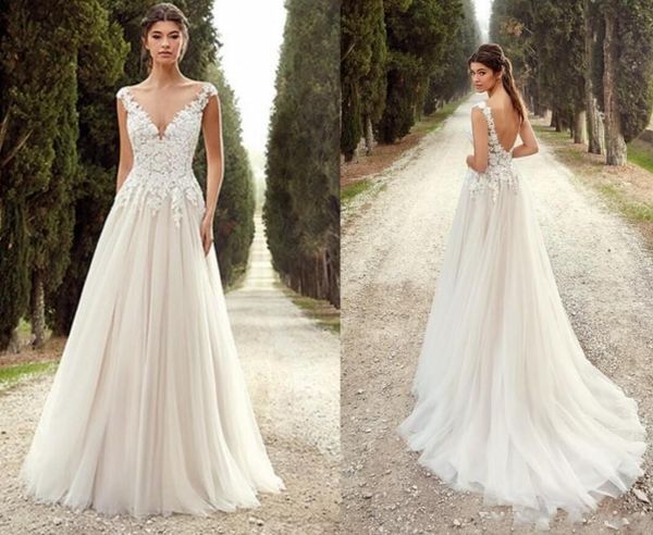 

simple v neck lace beach wedding dresses with cap sleeve illusion bodice sweep train a line backless long country style bridal gowns, White