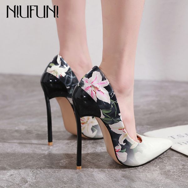 

dress shoes niufuni ladies pointed toe pumps 15cm super high heels fashion flower print women party plus size 42, Black