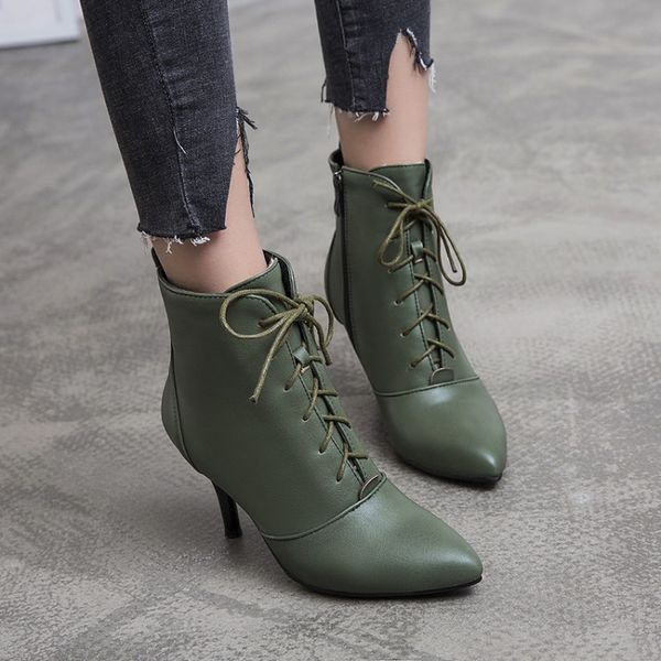 

lady boots pointe shoes lace up luxury designer bootee woman 2019 martins for women ladies pointy high heel autumn rubber, Black