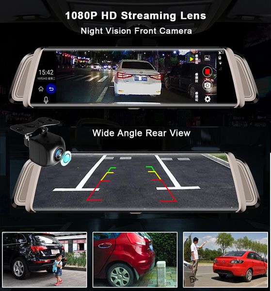 

10'' 1080p touch screen smart rearview mirror car dvr night vision dual lens dash cam gps navigator track video recorder camera