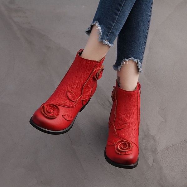 

genuine leather autumn and winter leather national martin boots hand-stitched flowers short boots, Black