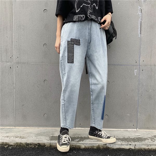 

summer women korea loose old retro old pants versatile harlan jeans patch high waist cotton blue casual large size women jeans