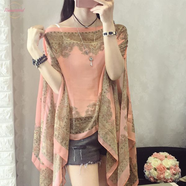 

women blouses summer slash neck irregular hollow out casual chiffon shirt beachwear cover up loose printing sun proof, White