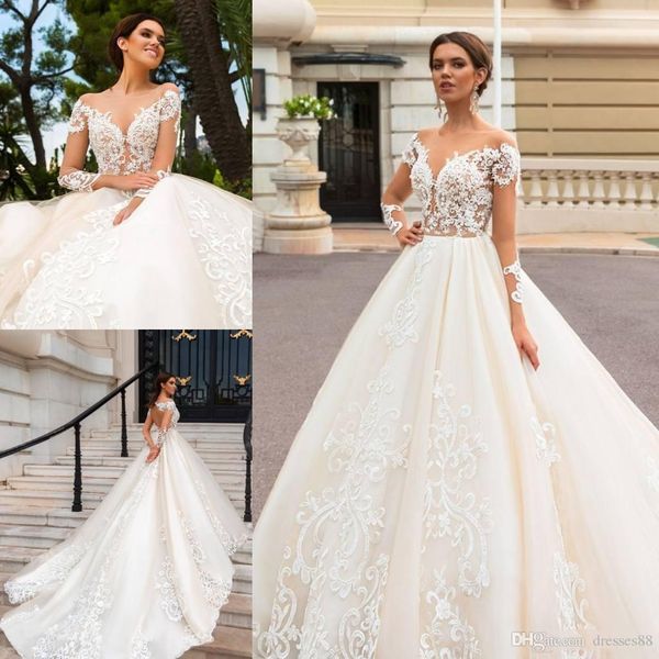 

lace applique wedding gowns open back long sleeve bridal dress a line court train plus size wedding dresses, White