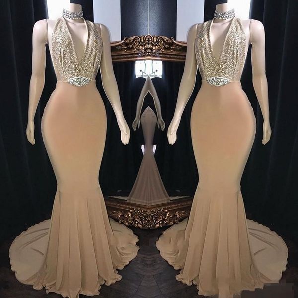 

Sexy Plunging Gold Sequins Prom Dresses Mermaid Halter Backless Crystal Beaded Long Formal Evening Party Gown Custom Made vestido