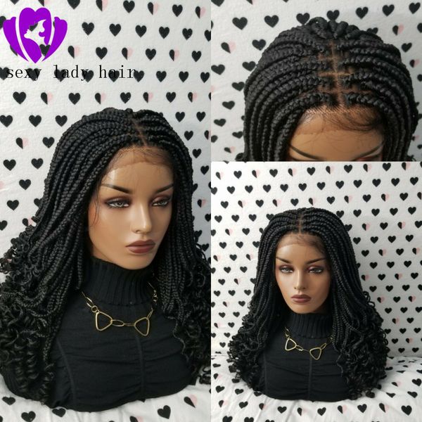 

200density full braided wigs with curly tips short curly lace front wig black box braids wig for women african braids wigs with baby hair