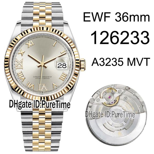 

ewf datejust 36 126233 a3235 automatic womens watch two tone yellow gold gray dial roman mark edition jubilee bracelet puretime q17, Slivery;brown