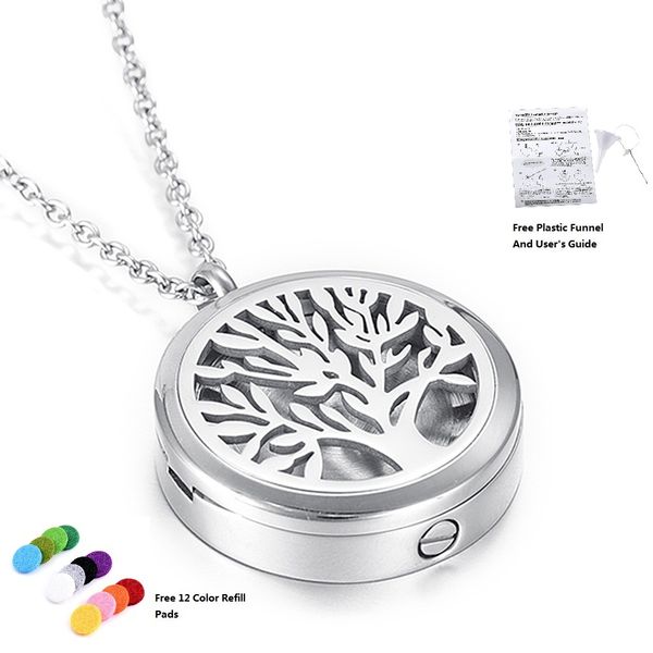 

klh5013 tree of life stainless steel cremation pendant&young living doterra aromatherapy with engraving and 12 felt pads, Silver