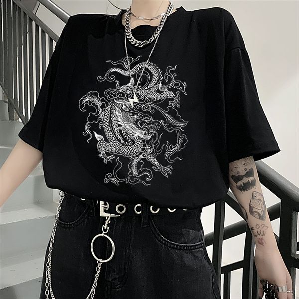 

women's t-shirt 2021 korean fun drop cute dragon punk gothic clothes short sleeve hip hop retro print bar harajuku women, White