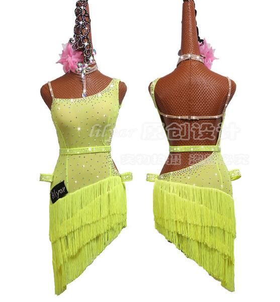 

новый танец одежда латинских танцев платье желтый fringe sexy backless сальса платье chacha rumba конкурс танцовщиц b, Black;red