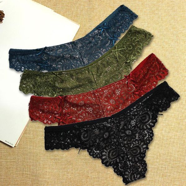 

feitong 4pc women lace flowers low waist underwear panties g-string lingerie thongs tangas women lace underwear#35, Black;white