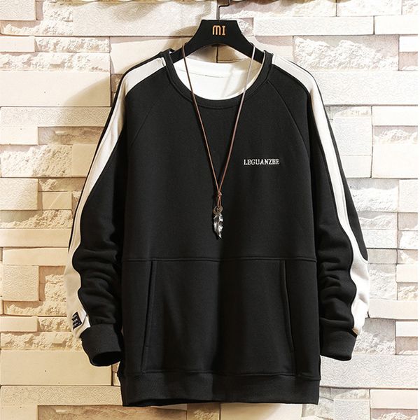 

cyxzftrofl autumn winter loose men pullover sweatshirt hoodies fashion contrast round neck sweatshirts plus size tracksuits, Black