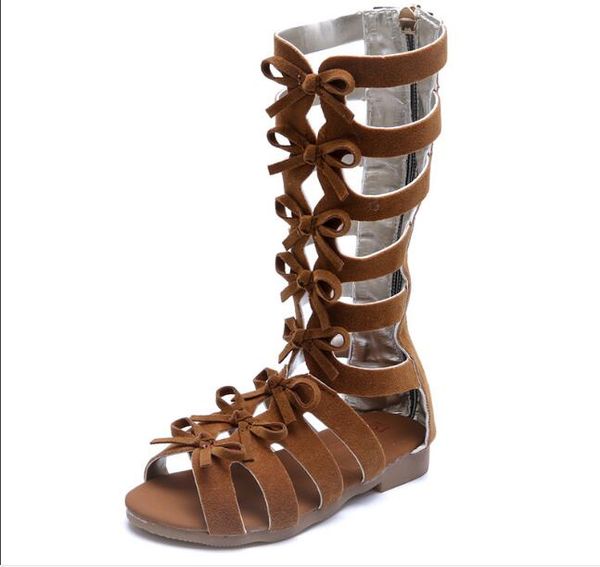 

long tube girls gladiator sandals boots suede leather summer brown black high-fashion roman kid sandals toddler baby shoes, Black;red
