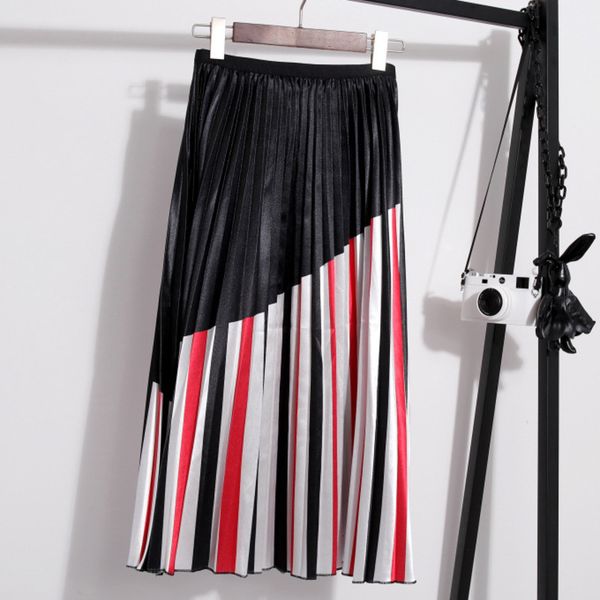 

lanmrem] 2020 spring new products fashion striped stitching slim high waist pleated a word skirt female pa748, Black