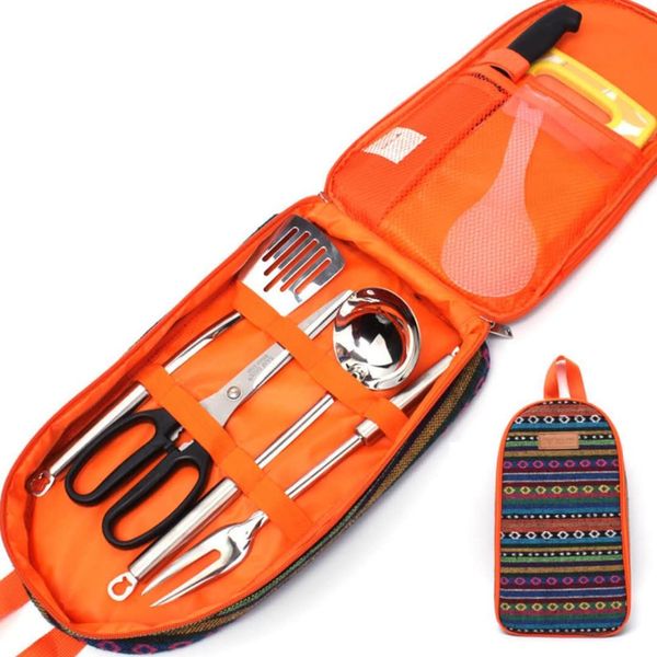 

7-pieces set outdoor camping cookwares set cookout kitchenware portable tableware 201 stainless steel handbag picnic bag my108