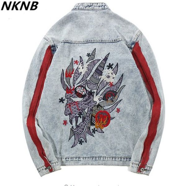 

harajuku embroidery dragon jacket jeans streetwear hip hop men vintage washed denim jacket 2018 autumn red striped denim jackets, Black;brown