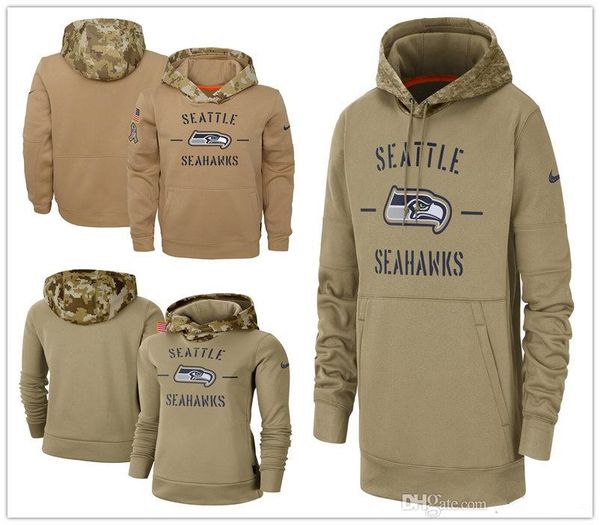 

seattle men women youth american football sweatshirt seahawks 2019 salute to service sideline therma pullover hoodie tan, Blue;black