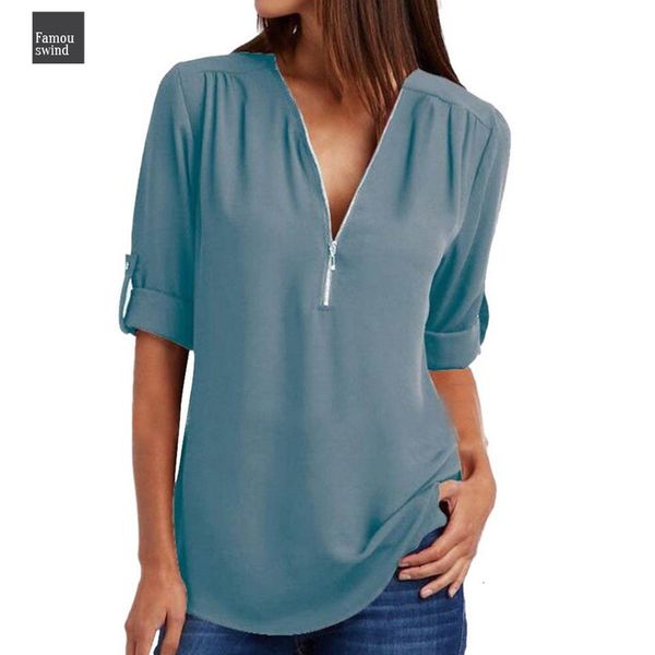 

solid casual new blouse zipper shirt loose plus size long sleeve chiffon blusas women v neck summer gift, White