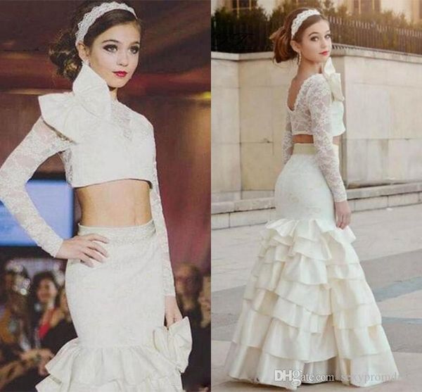 

white lace two pieces girls pageant gowns long sleeve tiered sheath skirt flower girl dresses for wedding floor length kid party dresses, White;blue