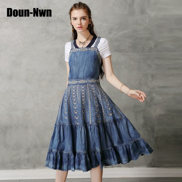 

fashion original chinese style women's 2020 summer dress new vest denim dress retro embroidery ruffled suspender, Black;gray