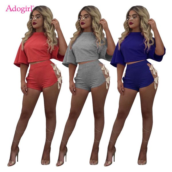 

adogirl women solid lace up casual two piece set o neck half sleeve loose t-shirt crop + shorts streetwear club tracksuit, White