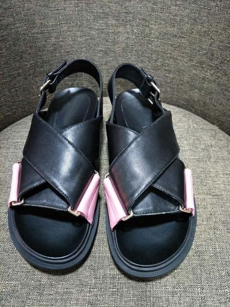 

new cross-toe sandals, leather platform gladiator, flat shoes, with box, size 34-40, Black