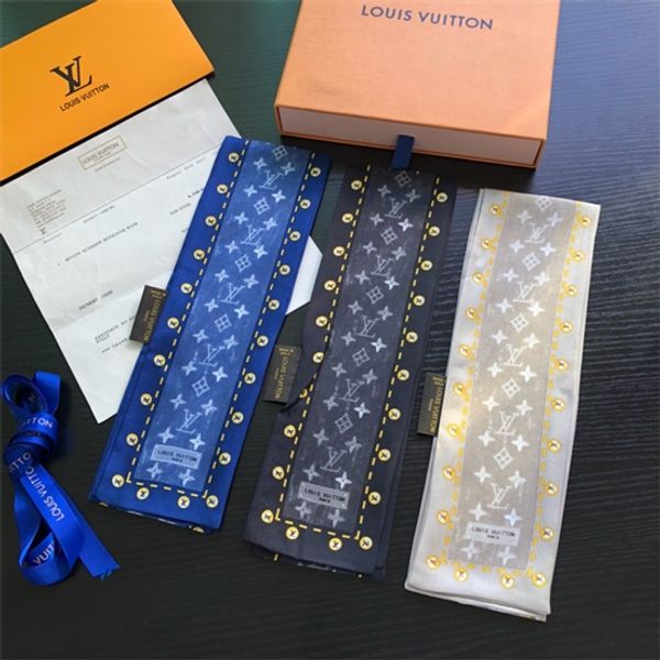

classic silk scarf brand printed silk hair b1 band fashion handbag decorative ribbon scarf, Blue;gray