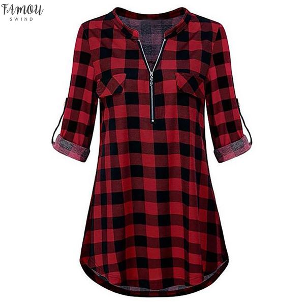 

new womens zipped plaid blouse v neck casual plaid female long sleeve tunic ladies plus size clothes camisa feminina @30, White