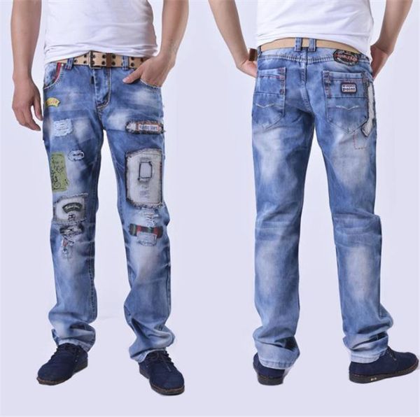 

hole straight mens designer jeans fashion casual patchwork washed loose zipper fly mid waist jeans mens clothing, Blue