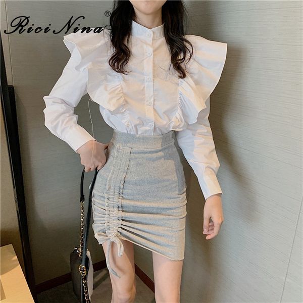 

ricinina elegant shirt women long sleeve ruffles buttons solid white office blouse women work shirts womens and blouses