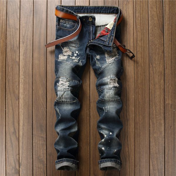 Neue 2019 Männer Blau Punk Loch Plissee Jeans Reißverschluss Taschen Mens Biker Jeans Gerade Fit Motorrad Jeans Hose pantalones vaqueros hombr