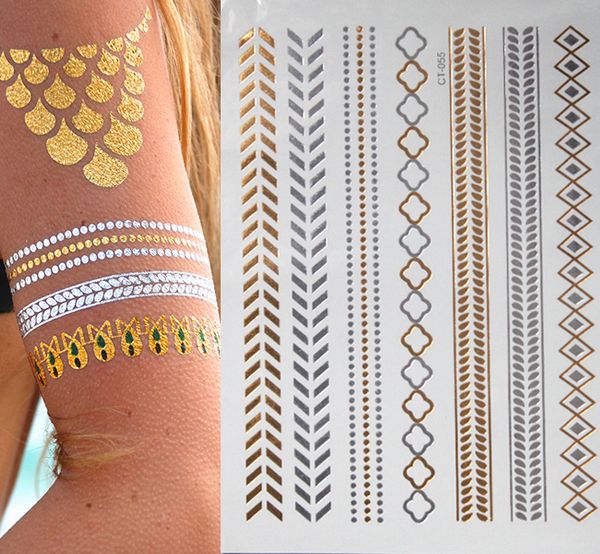 

flash metallic waterproof tattoo gold silver women fashion henna peacock feather design temporary tattoo sticker