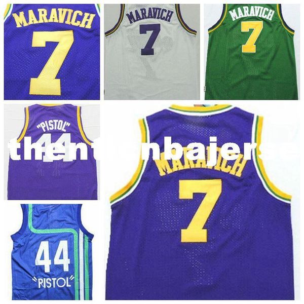 

дешевые мужские # 7 пит маравич джерси белый зеленый синий фиолетовый сшитые # 44 пистолет пит маравич трикотажные изделия баскетбола беспла, Black;blue