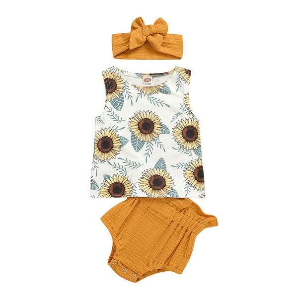 

мода лето подсолнечное печати жилет верхняя и шорты комплекты ребёнки лето двухсекционный одежды без рукавов top + желтый шорты, White