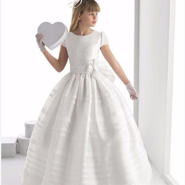 

fashion flower girl dresses charming white ivory short sleeve satin floor length girls pageant dresses first communion, Red;yellow
