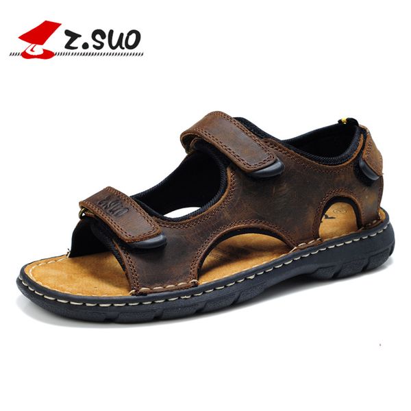 

z.suo 2018 summer vintage style men sandals plus size genuine leather retro sandals hook&loop sandalias hombre, Black