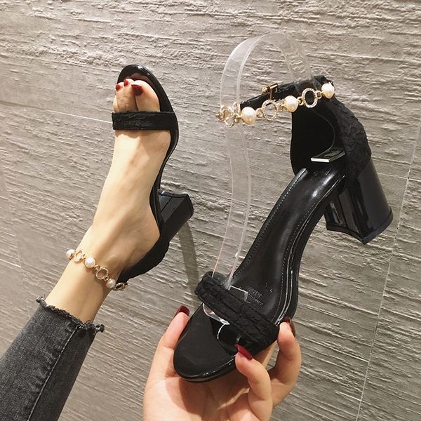 

block heels open toe 2020 summer beige heeled sandals velvet shoes buckle strap all-match shallow mouth chunky peep ladies, Black
