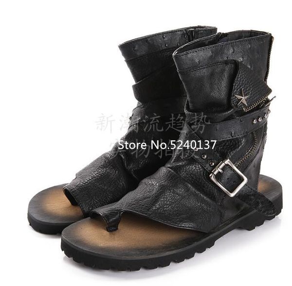 

summer gladiator rivets black leather men sandals buckle zip flat casual beach sandals male