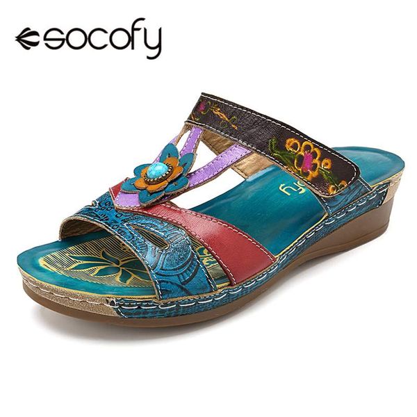 

socofy plus size vintage bohemian women slippers low heel printed genuine leather shoes woman slides beach slippers ladies shoes, Black