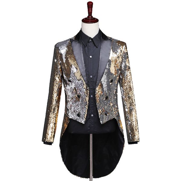 

men gold and silver sequin tailcoat mens tailcoat costume men tuxedo steampunk long singer jacket, White;black